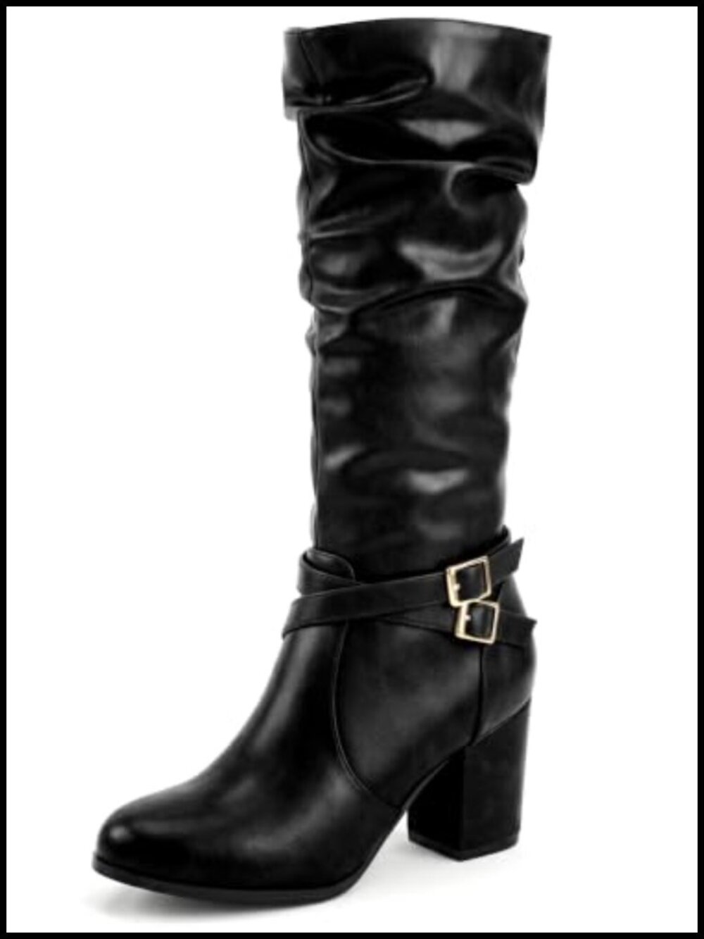 Allegra K Women's Slouch Buckles Biker Boots Chunky Heels Knee High Boot